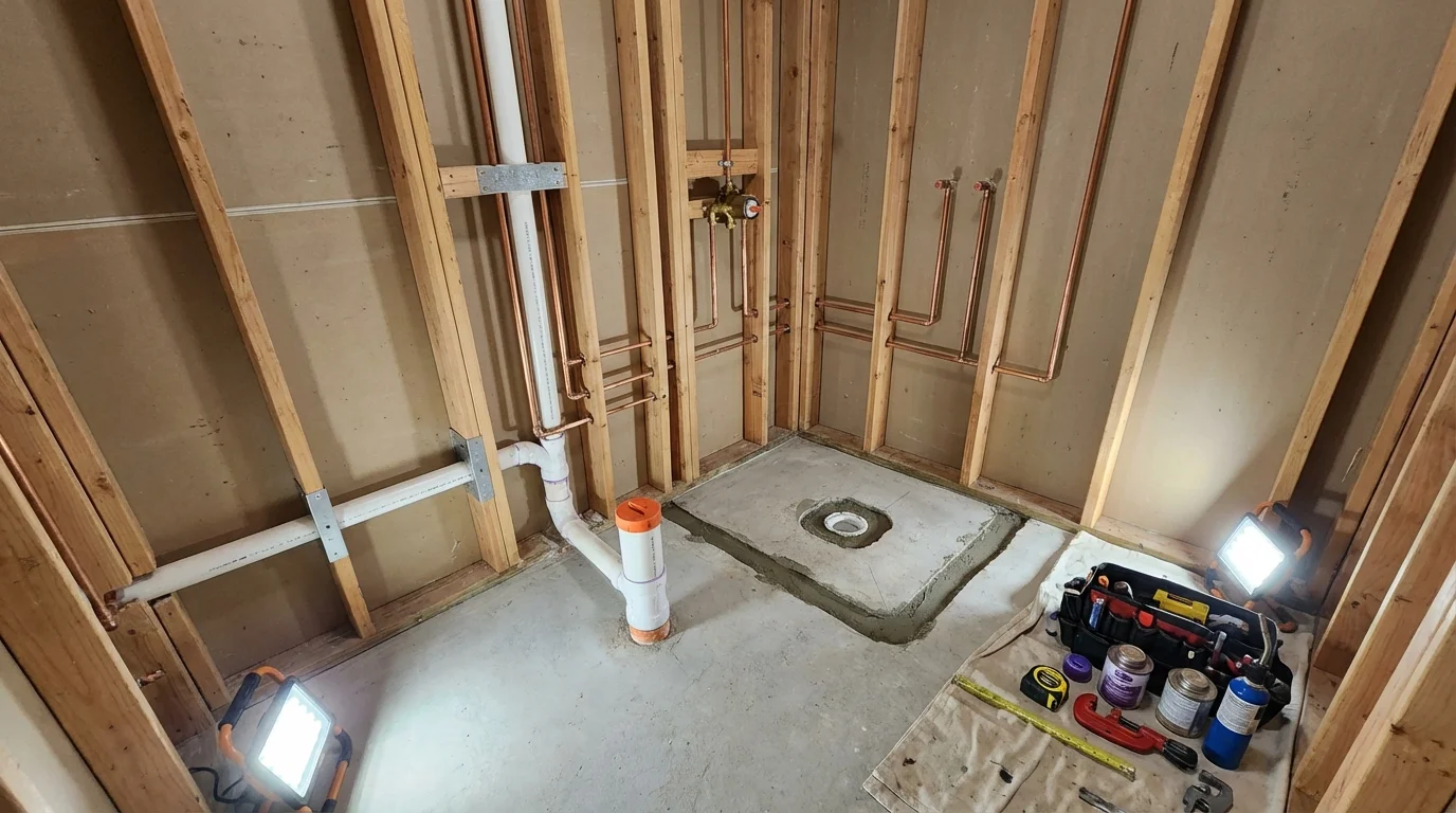 Bathroom rough-in plumbing during remodel by Johns Plumbing LLC in East Islip