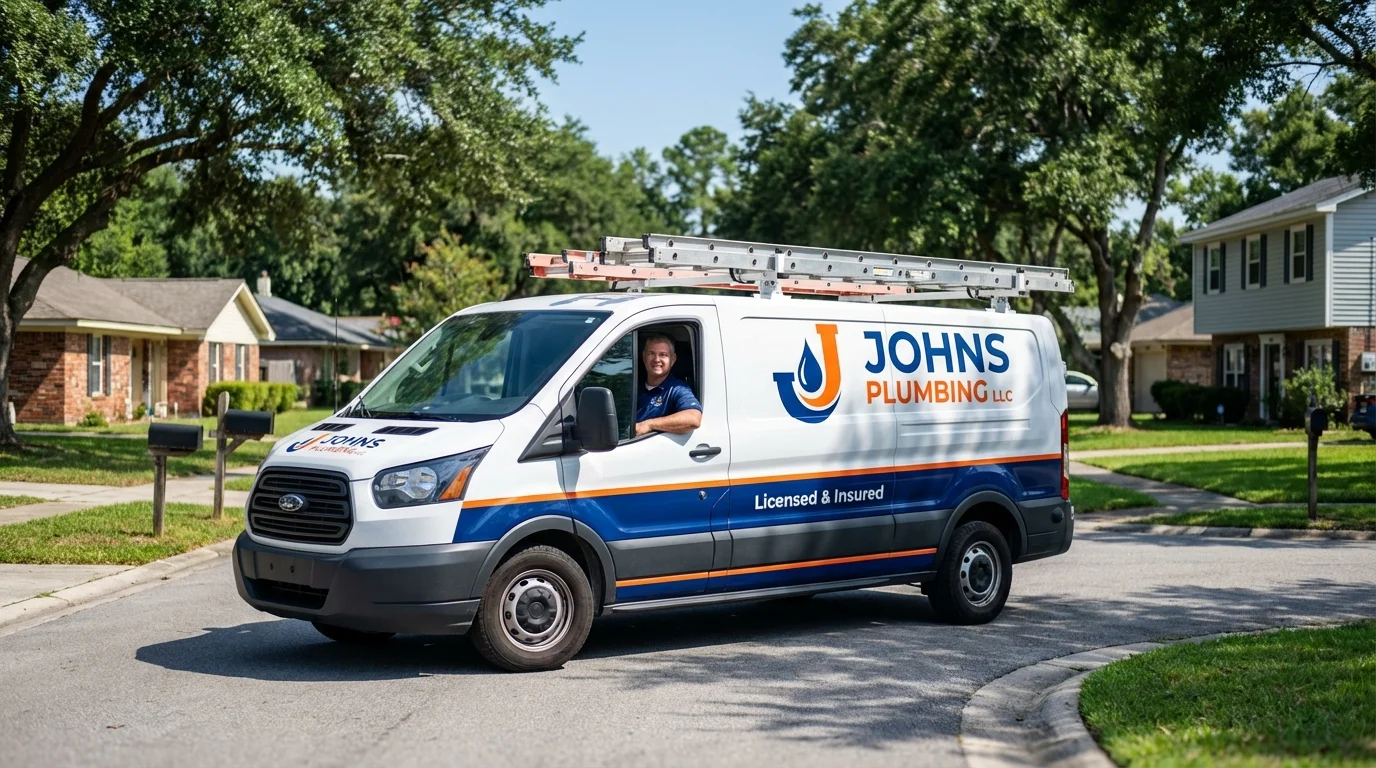 Johns Plumbing LLC service van in East Islip, NY