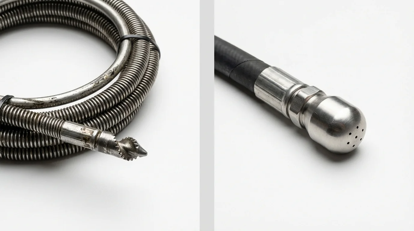Drain snake cable and hydro jetting nozzle used for drain cleaning in East Islip, NY