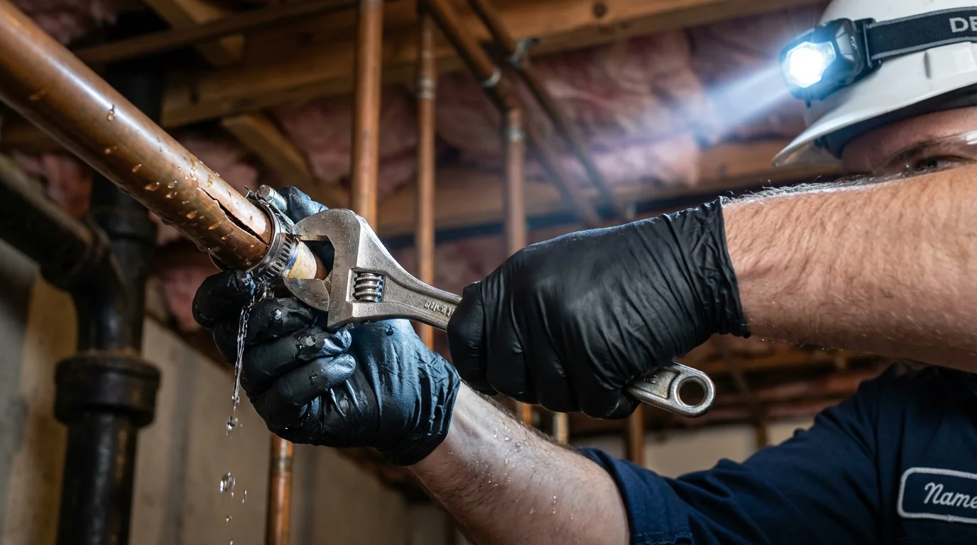 Emergency pipe clamp repair being performed by a Johns Plumbing LLC plumber in East Islip