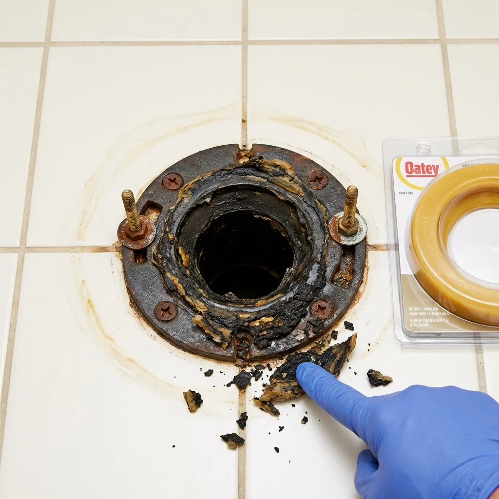Failed wax ring showing water seepage at the base of a toilet in a East Islip, NY home