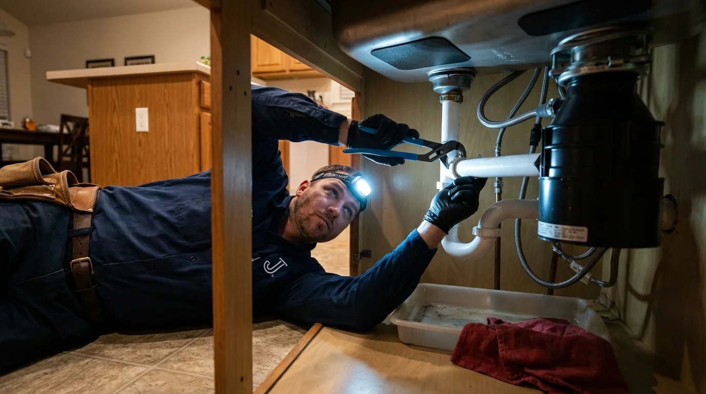 P-trap and supply line connections under a kitchen sink showing a common leak point in East Islip, NY